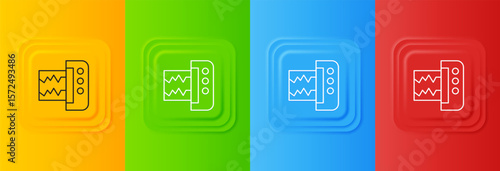 White Seismograph icon isolated on colorful background. Earthquake analog seismograph. Set icons in square buttons. Vector