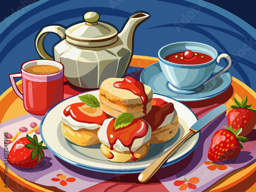 vector of Close-up of strawberry jam and butter scones served with hot afternoon tea in a stylish dish.