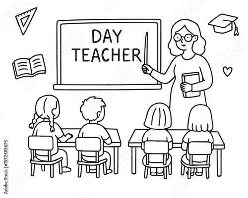 Teacher with a pointer at the board in the classroom. Primary school students studying in the classroom. Classroom with students and teacher in doodle style. Illustration with Happy Teacher's Day. Vec
