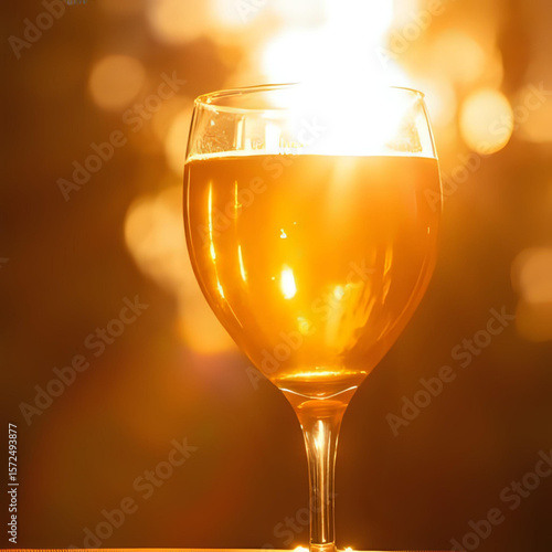 Golden beer in wine glass close up shot with bokeh background for celebration