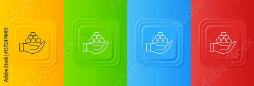 White Gold bars in hand icon isolated on colorful background. Banking business concept. Set icons in square buttons. Vector