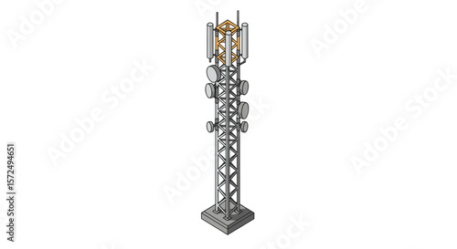 Isometric telecommunication tower design with antennas and dishes