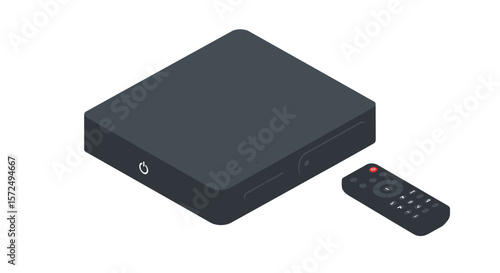 Modern isometric tv box with remote control on white background