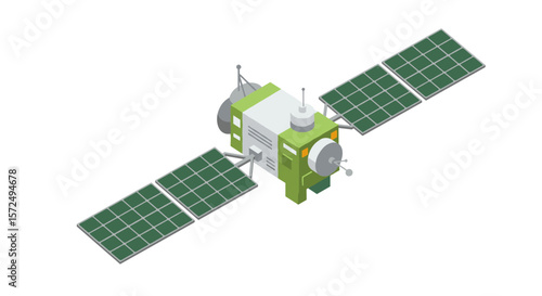 Isometric satellite design with solar panels and space technology elements