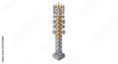 Isometric telecommunication tower with antennas and satellite dishes