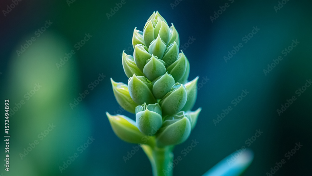 Closeup of green leaves of aloe vera plant, flower-like structure and formation Closeup of green leaves of aloe vera plant, flower-like structure and formation