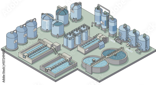 Isometric industrial water treatment plant with filtration tanks and pipelines