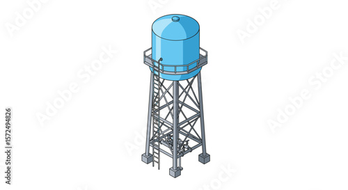 Isometric blue water tower design with ladder and steel structure on white background