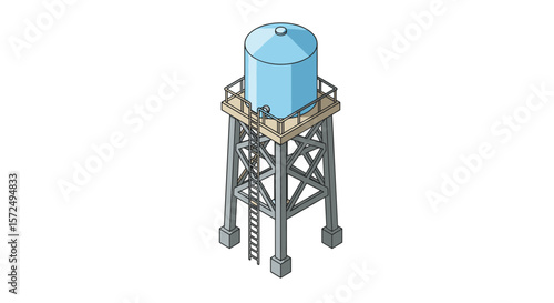 Isometric water tower with ladder and platform: industrial structure design