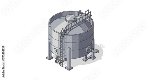 Industrial storage tank with ladder and pipes in isometric design