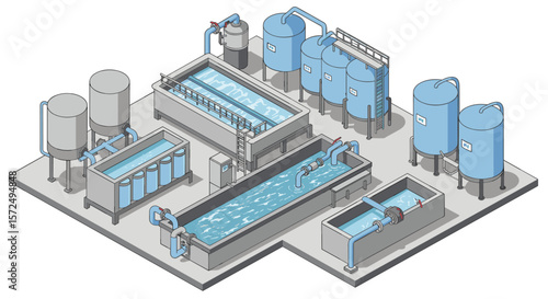 Isometric water treatment facility with tanks and pipelines