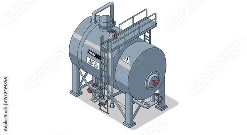 Isometric industrial storage tank with safety valves and ladder