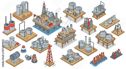 Isometric industrial platforms and equipment for oil and gas production