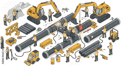 Construction workers operate machinery and build pipelines in isometric style