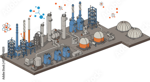 Isometric industrial factory with modern chemical processing equipment and infrastructure