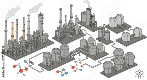 Isometric industrial scene with chemical structures and reactor tanks