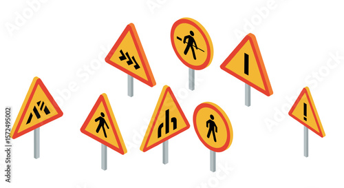 Isometric road warning signs set for construction and traffic safety