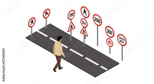 Isometric road scene with pedestrian and variety of traffic signs