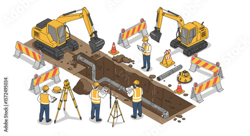Road construction site with excavators and workers digging underground pipeline