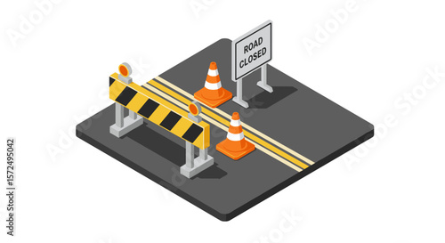 Isometric road construction scene with barricades and cones