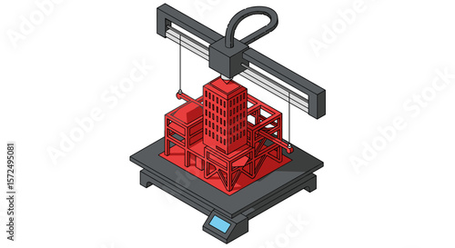 Isometric 3d printing of red architecture model on modern printer platform