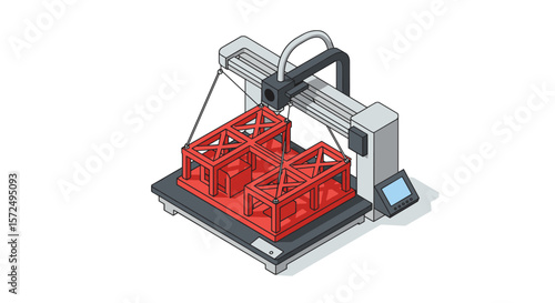 Isometric 3d printer with red structural design on display