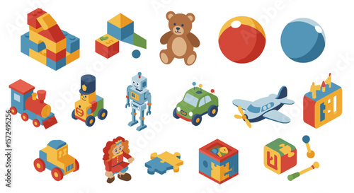 Colorful isometric toys collection with blocks, cars, robots, and animals for kids' playtime