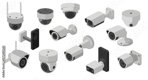 Collection of modern security cameras: isometric view in various designs and shapes
