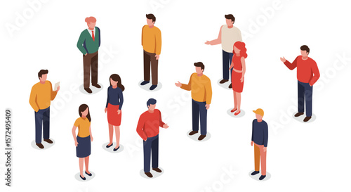Isometric group of diverse people engaging in conversation on white background