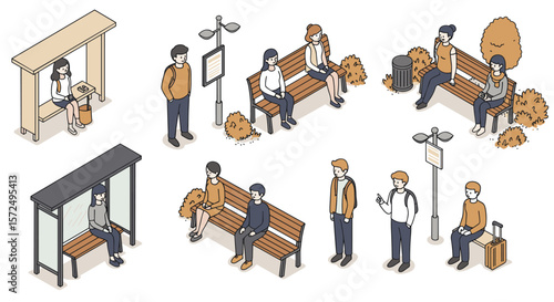Isometric urban scene with people at bus stops and benches in autumn setting