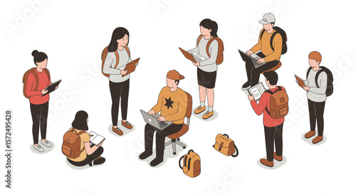 Diverse group of students engaged in activities with laptops and notebooks