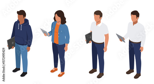 Isometric figures: group of diverse people holding devices in casual and business wear