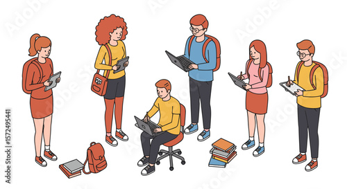 Students engaged in study group with laptops and notebooks in hand-drawn cartoon style