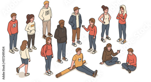 Casual gathering of diverse people in modern isometric style