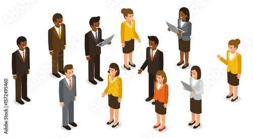 Isometric business team meeting with diverse professionals in office attire