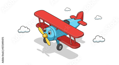 Colorful cartoon biplane flying among clouds with cheerful design and bright colors