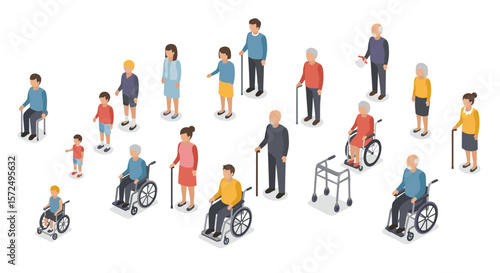 Isometric people with mobility aids and accessories on white background