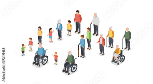Isometric diverse generational family group with children and elderly in wheelchairs