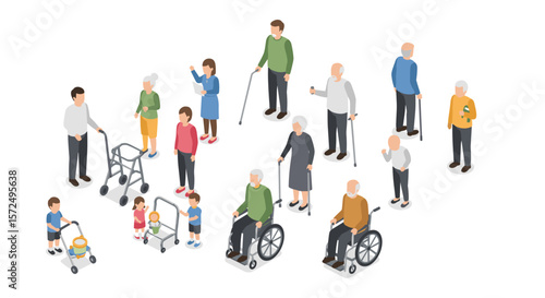 Isometric elderly and family interaction in everyday life scene