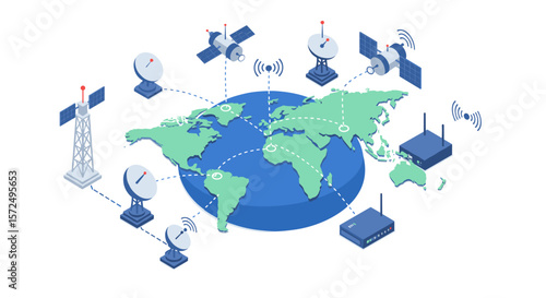 Isometric global communication network with satellites and wireless connections