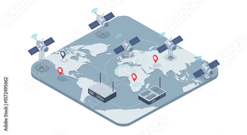 Global communications network with satellite technology in isometric design