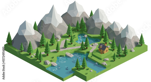 Isometric low poly mountain landscape with forest and cabin by lakes