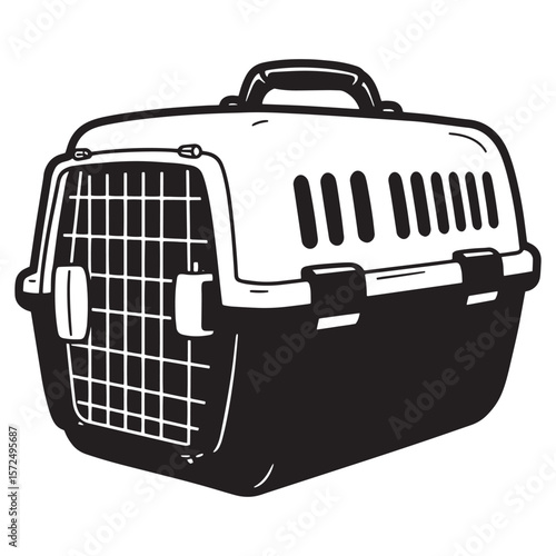 Illustrated black and white pet carrier for safe and secure animal travel transportation