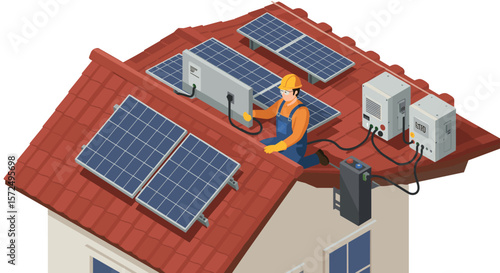 Technician installing solar panels on rooftop with equipment connections