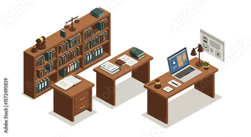 Isometric office workspace with desk, bookshelves, and legal documents