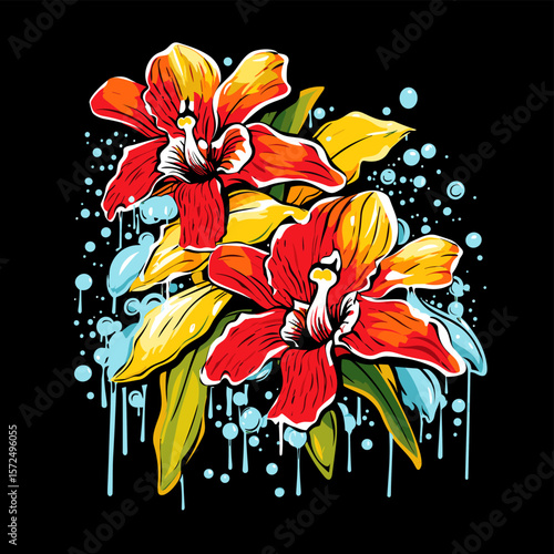 Abstract colourful tropical flowers in vector pop art style