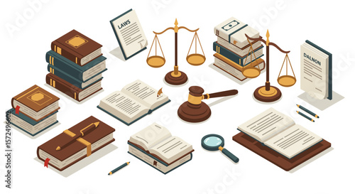 Legal concepts and tools: isometric books, gavel, scales of justice with documents