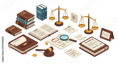 Legal assets collection: books, documents, and scales of justice in isometric design