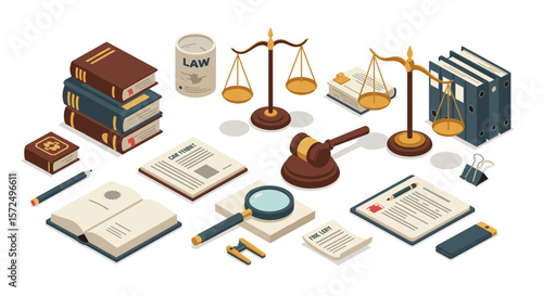 Isometric legal office tools and symbols for law and justice concepts