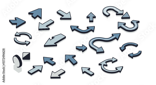 Set of isometric blue arrows with shadows in various directions